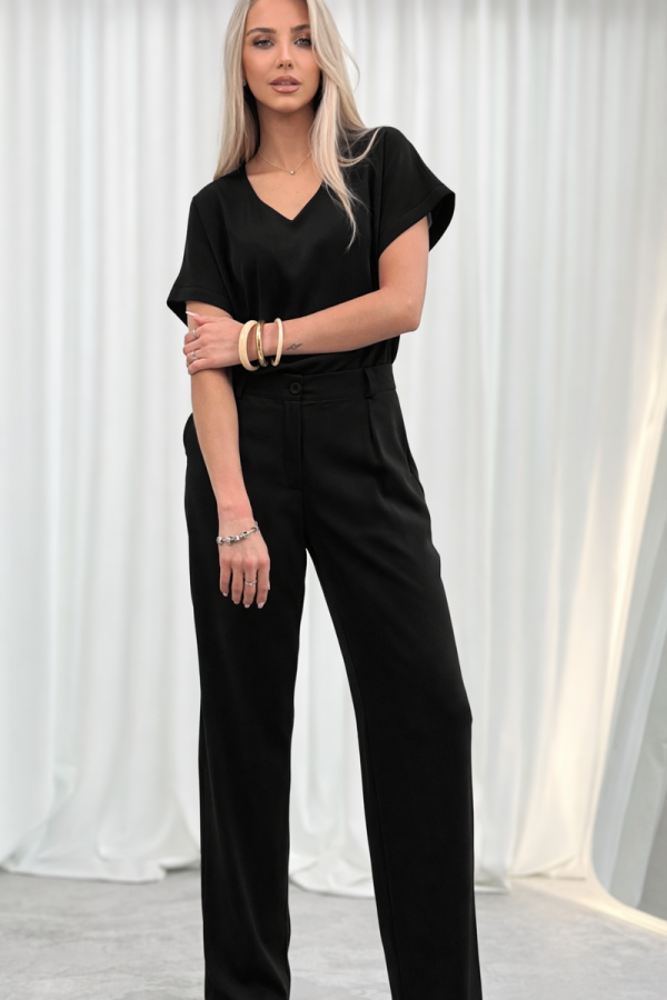 Bluzka Damska Elegancka V-neck Luźna Wizytowa Krótki Rękaw Premium - czarny